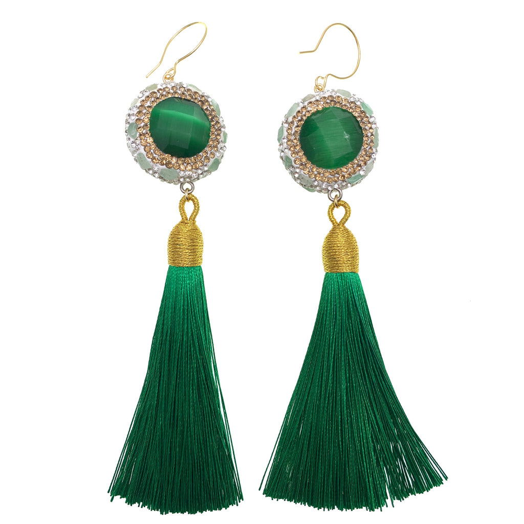 Green Cat's Eye Tassel Hook Earrings GE012